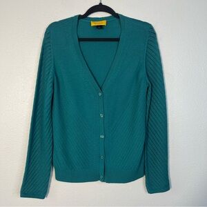ST. JOHN Cardigan V-Neck 100% Wool Teal Sweater Size Small Old Money